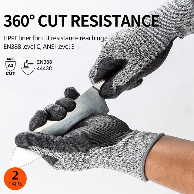 Detalle de Vgo Cut Resistant Gloves (2 Pairs) with HPPE anti-cut liner, EN388 Level C / ANSI Level 3 — Size XL, Grey (SK2131)