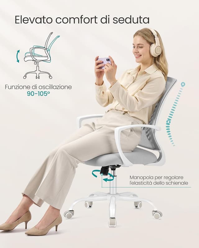 Detalle 2 de SONGMICS Sedia da Ufficio girevole OBN022GD01 con seduta e schienale in rete