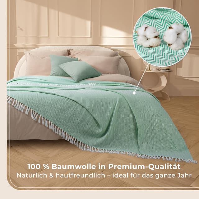 Detalle 2 de Gräfenstayn Premium Tagesdecke mit Fransen – 100% Baumwolle, Fischgrätenmuster, 150 x 200 cm (Mint)