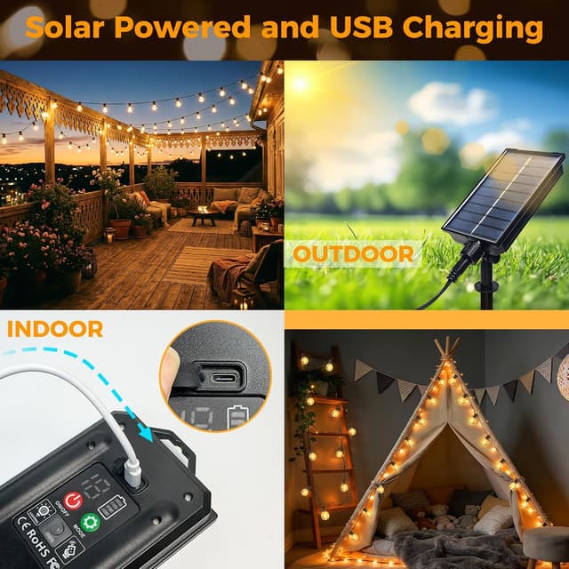 Detalle de btfarm Solar Lichterkette für außen mit Fernbedienung, 20 m (25+2 LEDs) Warmweiß und 8 Modi