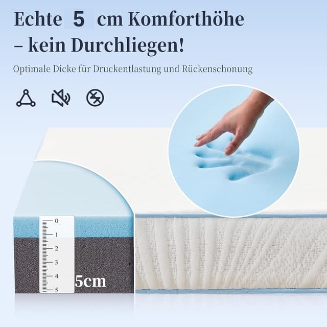 Detalle de Solviente Topper 160x200 cm H2 mit 5 cm Memory Foam & Kaltschaum – atmungsaktiv, rutschfest, abnehmbarer Bezug