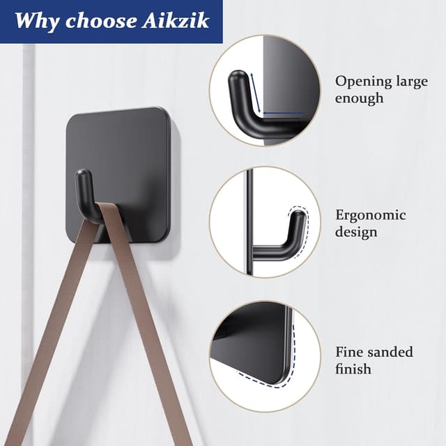 Detalle de Aikzik Handtuchhalter ohne Bohren – 6er Set selbstklebende Edelstahlhaken für Bad & Küche in Schwarz