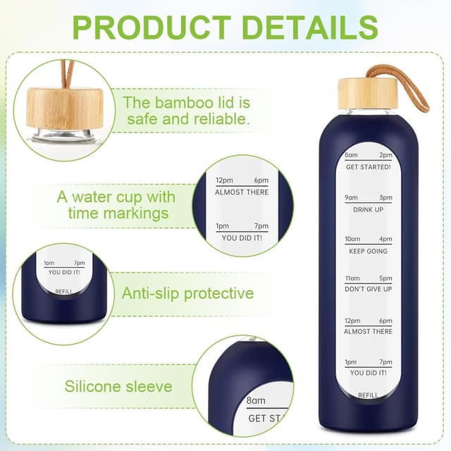 Detalle de AOOWU gourde en verre borosilicate 1 L avec couvercle bambou, marqueur de temps et étui silicone