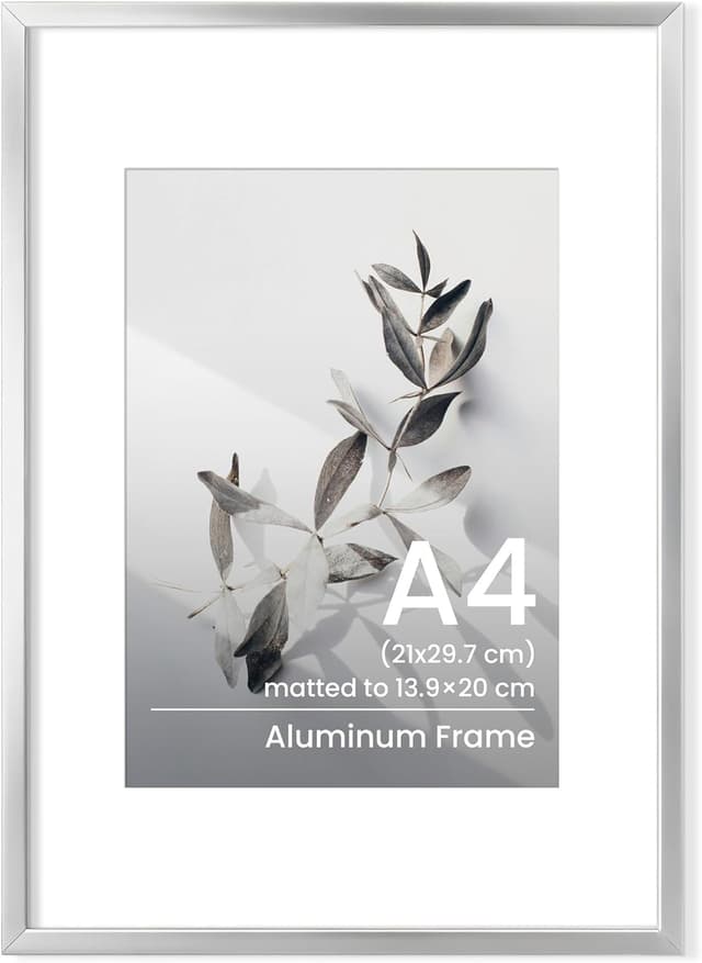 Detalle de A4 Metal Aluminium Picture Frame (21x29.7 cm) with Mount for A5 Prints, Tempered Glass – Silver