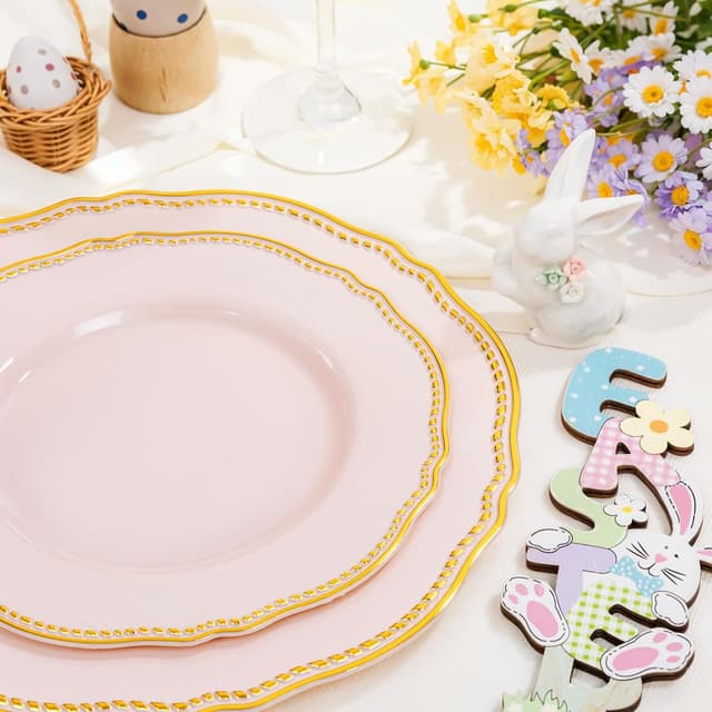 Detalle de Hioasis 60pcs Pink Plastic Plates (10.25 in) with Pink & Gold Rim — BPA-Free Disposable Dinnerware for Parties