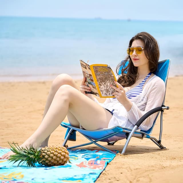 Detalle 2 de TIMBER RIDGE Strandstuhl klappbar & leicht mit Netzrücken und Getränkhalter (bis 150 kg belastbar)