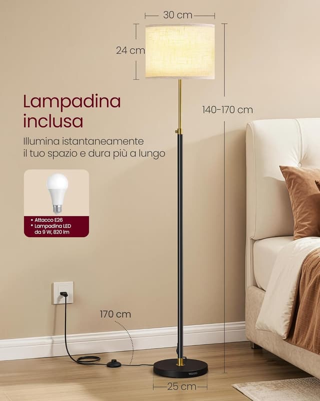 Detalle 2 de VASAGLE Lampada da terra e da lettura LFL005BD02 (altezza regolabile 140–170 cm), oro e nero con telecomando