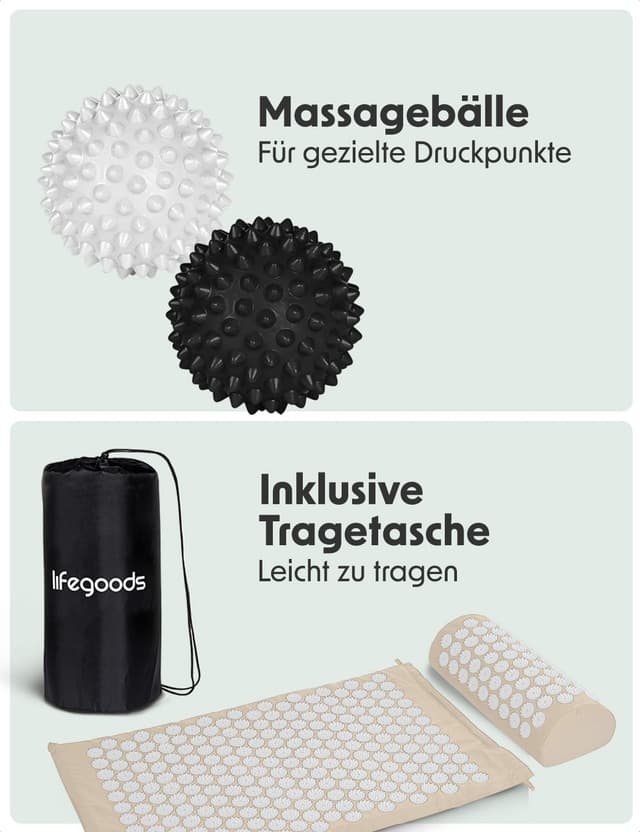 Detalle de LifeGoods Akupressurmatte mit Kissen – Akkupressurmatte für Rücken, Nacken & Entspannung