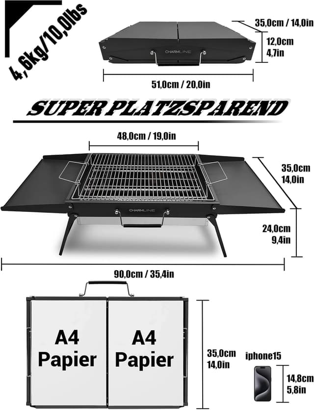 Thumbnail 1 de Charmline klappbarer Holzkohle-Grill (51 × 35 cm) – tragbarer Kompaktgrill für Camping, Garten und Strand, schwarz