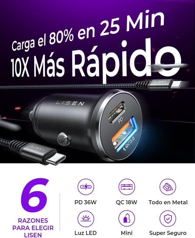 Thumbnail 2 de LISEN Cargador Coche 69W 60W Cable