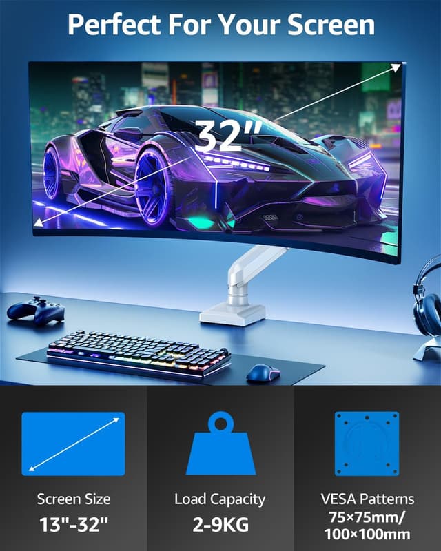 Detalle 2 de ELIVED Freelift Pro Single Arm Monitor Desk Mount (VESA 75/100, 13–32 inch, 2–9kg) in white