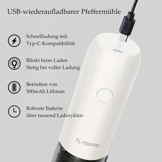 Detalle 1 de TLYSXPRO elektrische Salz- und Pfeffermühle im 2er-Set (USB wiederaufladbar, einstellbare Grobheit) – weiß
