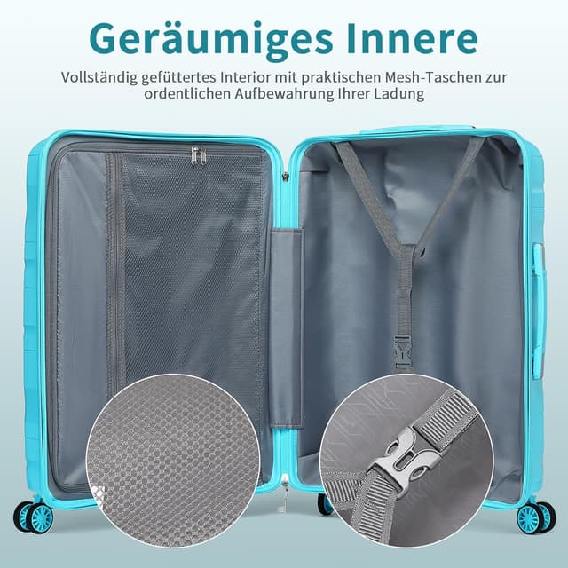 Detalle de KONO Handgepäckkoffer 55 cm mit TSA-Schloss, Polypropylen-Hartschale und 4 Rollen (hellblau)