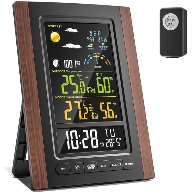 Detalle de Stazione meteo radio con sensore esterno: temperatura e umidità interno/esterno con orologio DCF e previsioni