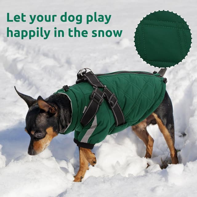 Detalle de CITÉTOILE Warmer Hundejacke mit Geschirr für kaltes Wetter (Winddicht, Reißverschluss, reflektierende Streifen) – Grün, L