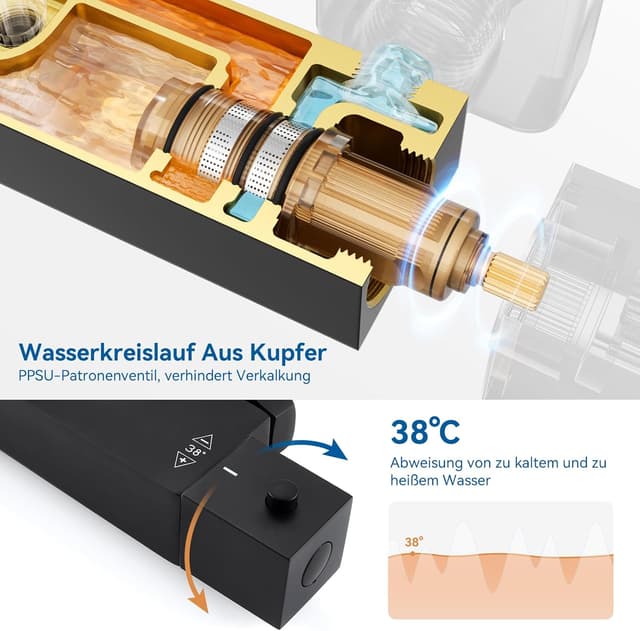 Detalle 2 de Auralum Regendusche Komplettset mit Thermostat – schwarz, 25×25 cm Quadratrose, höhenverstellbare Edelstahl-Duschstange (Messingarmatur)