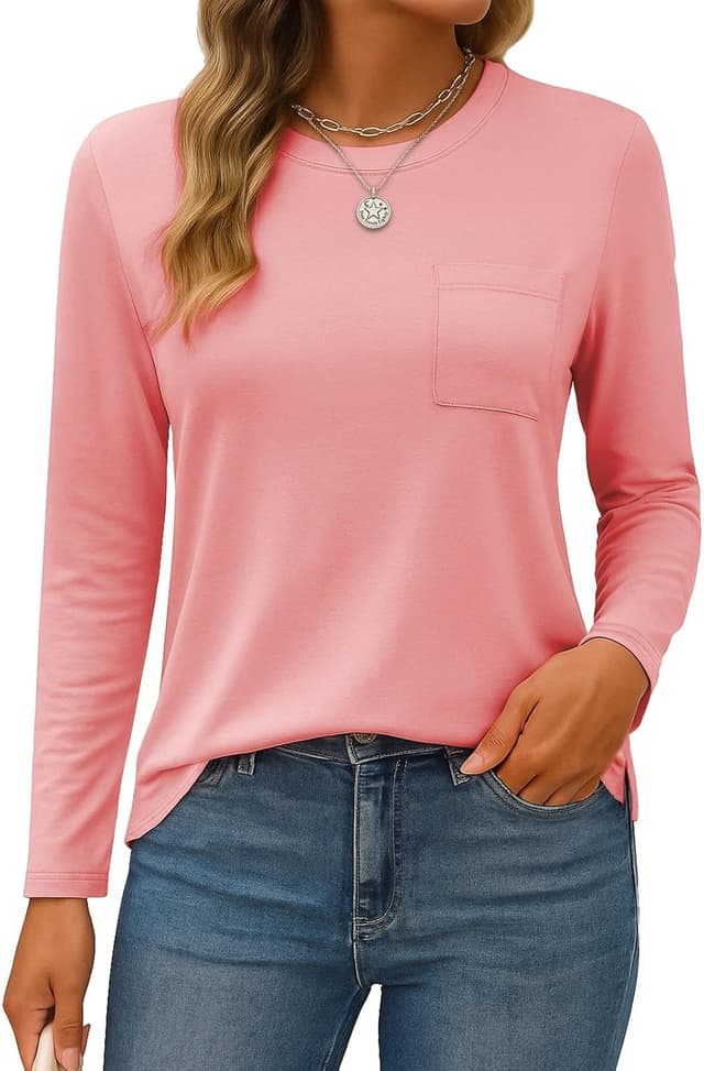 Detalle de SMENG Long Sleeve T-Shirts for Women – Crew Neck Pocket Tee with Split Hem