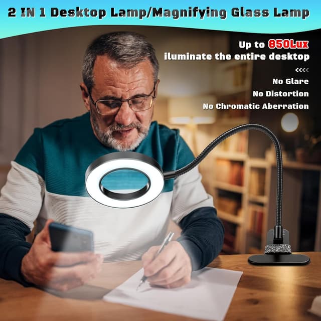 Detalle de JUOIFIP 10X Magnifying Glass with Light and Stand (USB) – clamp lamp with 3 light modes