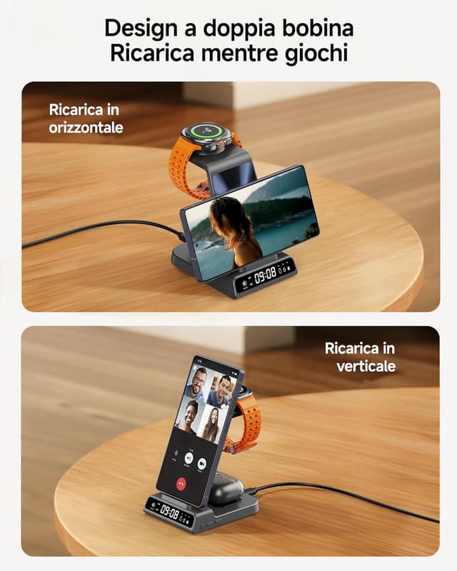 Detalle 2 de Caricatore Wireless 3 in 1 per Samsung con orologio digitale