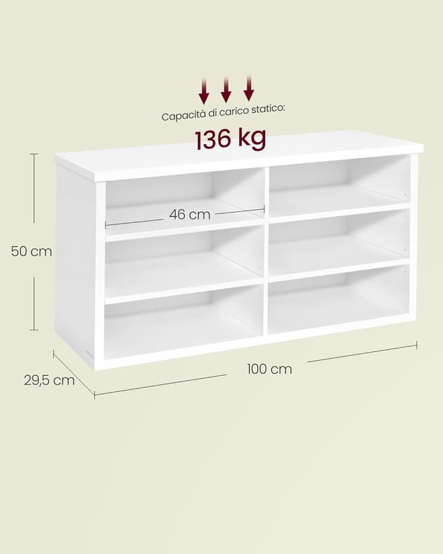Detalle de VASAGLE LSB036W01 panca scarpiera da ingresso con 6 scomparti e ripiani regolabili, 100 cm
