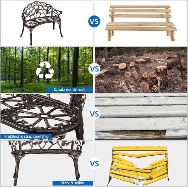 Detalle 2 de Yaheetech Gartenbank Bronze – wetterfester Metall-Parkbank mit Rücklehne für 2 Personen