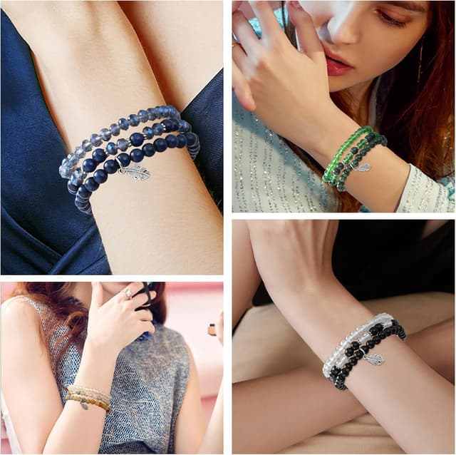 Detalle de Hernin Perlenarmband Stretch Damen – mehrreihiges Boho-Kristallarmband mit Feder-Charme (Braun)