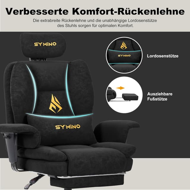 Detalle de Symino Gaming-Stuhl Chefsessel: ergonomischer Bürostuhl mit Fußstütze und 90–155° Rückenlehne