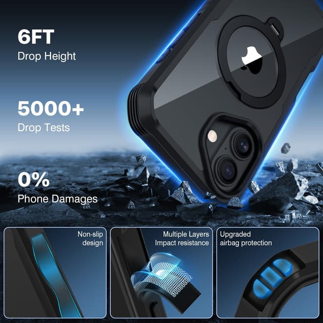 Thumbnail 6 de CENHUFO iPhone 16 Plus case with built-in privacy screen protector, clear back & 360° magnetic ring stand (Black)