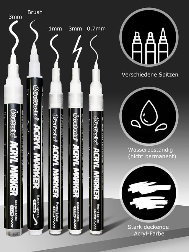Detalle de DealKits 5x Weiße Acrylstifte – deckende Acrylic Marker Brush Pen für Holz, Glas, Papier & Stein