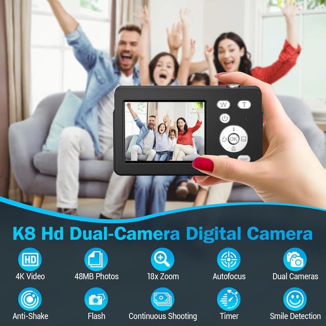 Detalle de Teoryieer Teoryieer Digital Camera 4K 64MP Compact with 32GB Card, 18X Zoom & Anti-Shake (Black)