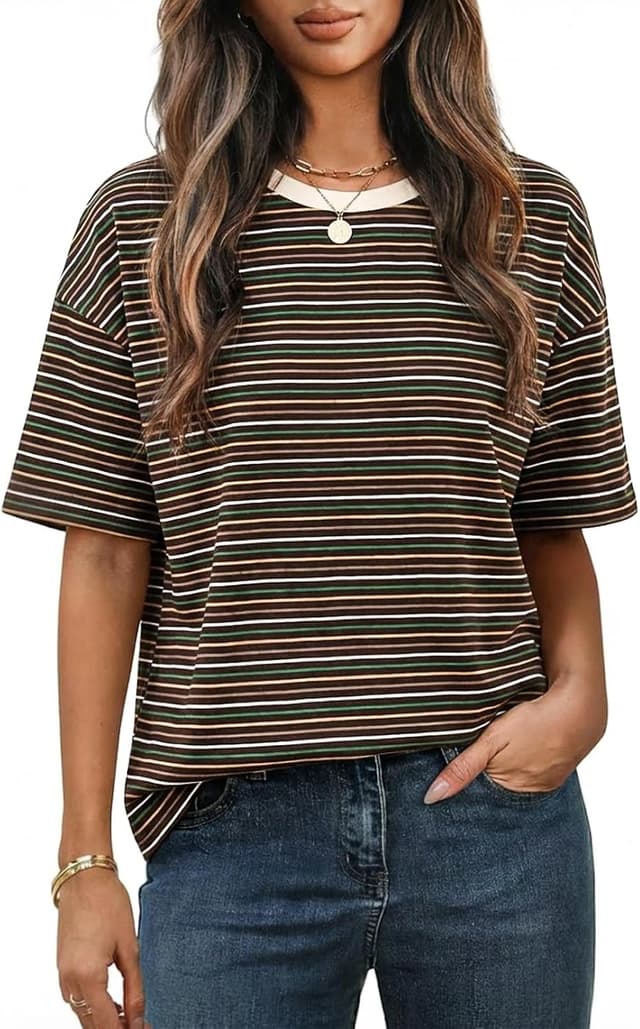 Detalle 2 de Cuptacc Damen Oversize T-Shirt mit Rundhals und Streifenmuster – Kurzarm-Tunika im Sommerlook