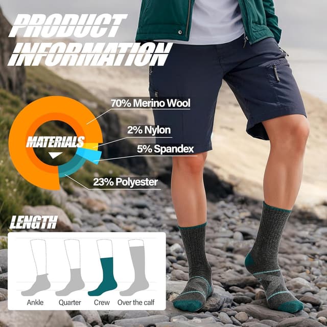 Detalle 1 de ANTSANG Merino Wool Walking & Hiking Socks (5-pack) – warm, cushioned moisture-wicking boot socks