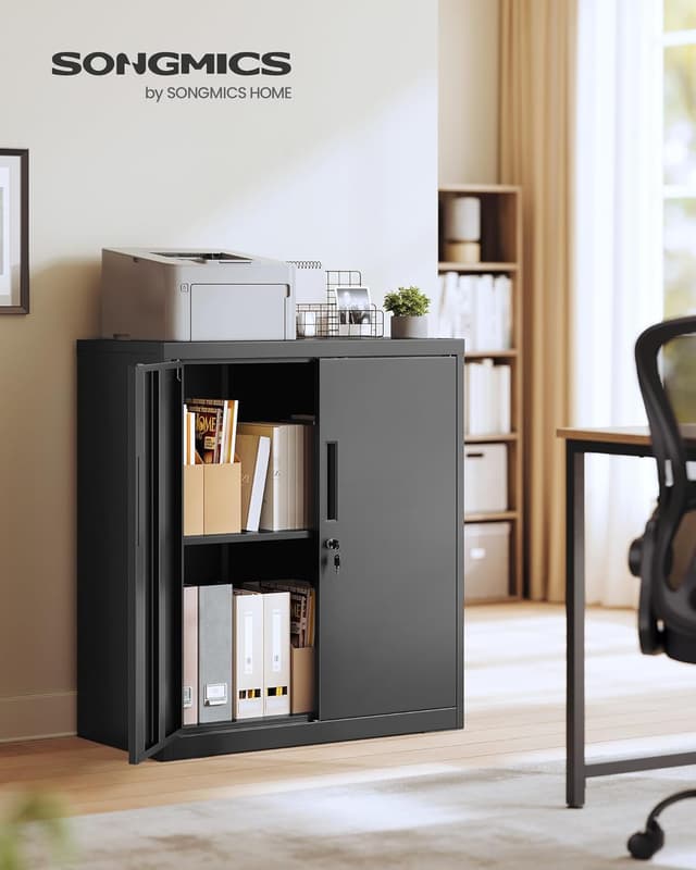 Detalle de SONGMICS OMC019BD01 Armadio portadocumenti in metallo con serratura, 2 ante e ripiano regolabile 80 x 40 x 90 cm, nero opaco