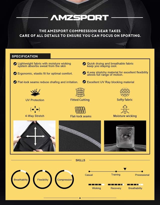 Detalle de AMZSPORT Haut de compression homme à manches courtes (couche de base) pour sport