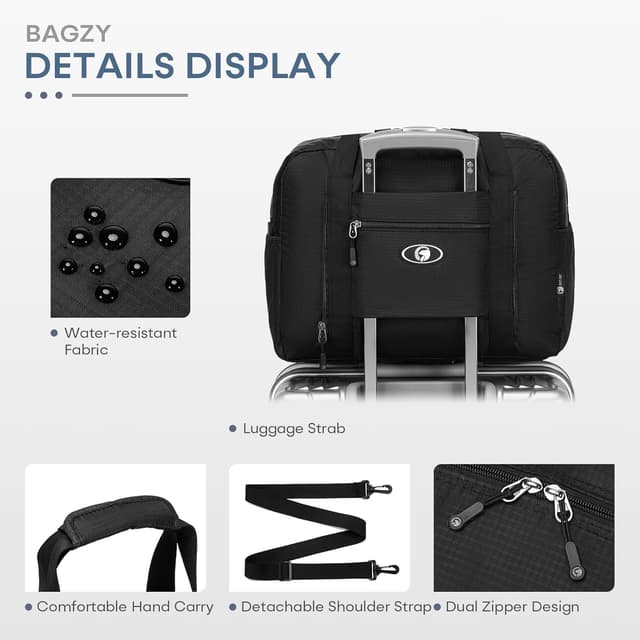 Thumbnail 6 de BAGZY borsone da viaggio pieghevole 25L 40x30x20 bagaglio a mano Wizzair/Vueling (impermeabile, nero/grigio)