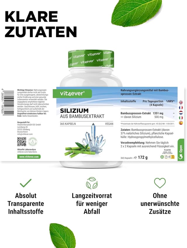 Detalle de vit4ever Silizium (365 Kapseln) – organisches Silizium aus Bambusextrakt, vegan