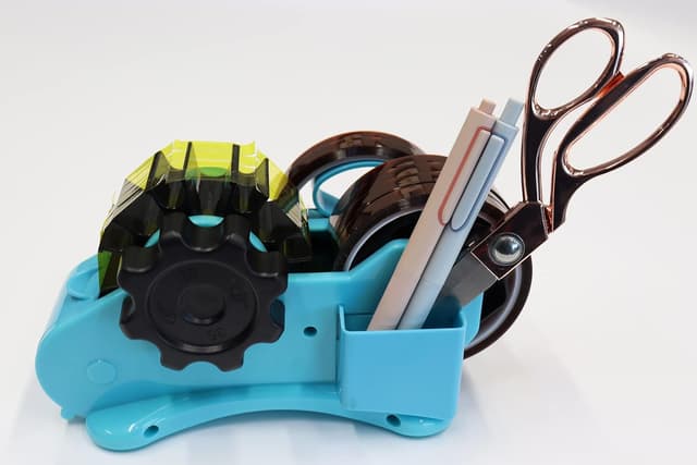 Detalle de Distributeur de ruban adhésif thermique bleu semi-automatique à double bobines (2,5 cm & 7,6 cm) avec plusieurs découpes