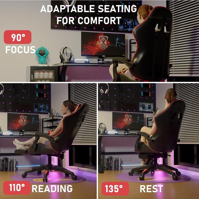 Detalle de Confortil Chaise Gaming Ergonomique avec repose-pieds rétractable et appui-tête réglable, noir et rouge