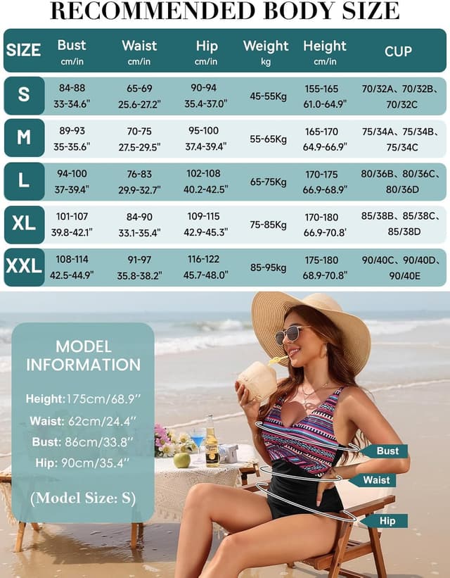 Thumbnail 6 de Vijamiy Damen-Badeanzug „Bauchweg“ mit Push-up, tiefem V-Ausschnitt und verstellbaren Trägern