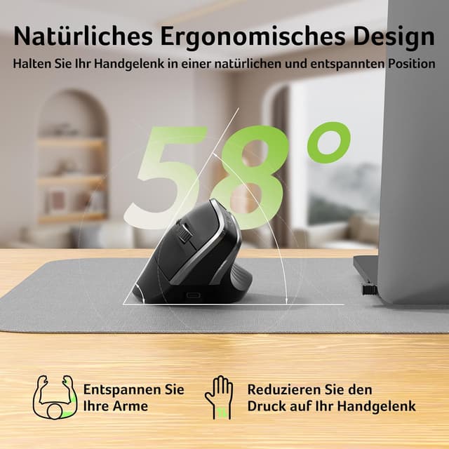 Detalle de Acer 2.4G ergonomische vertikale optische Maus – kabellos, wiederaufladbar (bis 1.600 DPI) für PC & Laptops