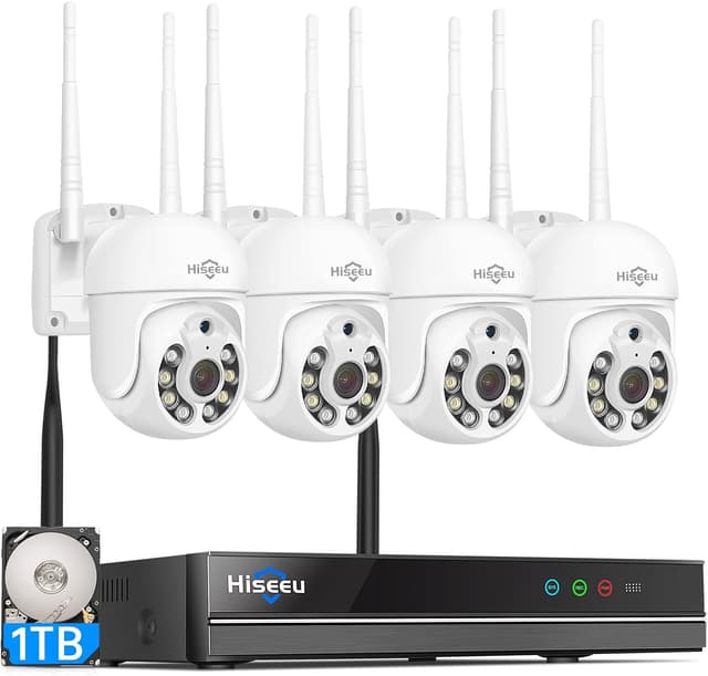 Detalle de Hiseeu Kit videosorveglianza WiFi esterno 5MP con NVR 10CH, HDD 1TB e 4 telecamere PTZ