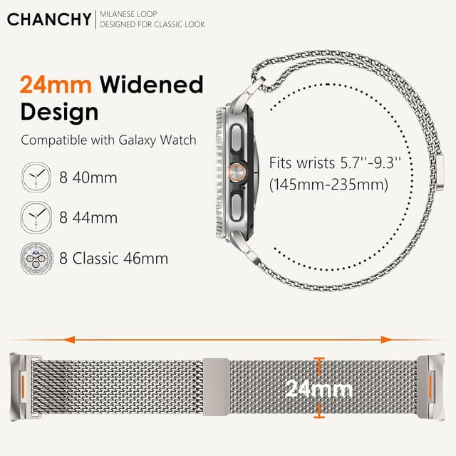 Detalle de CHANCHY Milanese Strap for Samsung Galaxy Watch 8 (40mm/44mm) & Watch 8 Classic 46mm (2025) — 316L mesh with magnetic clasp