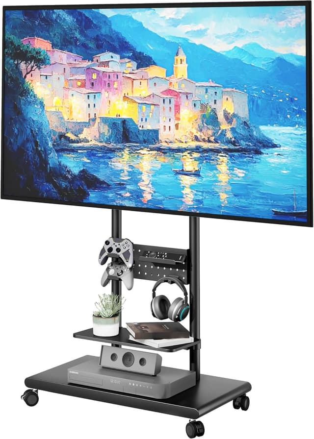 Detalle de ECOTINY TV Ständer Rollbar mit Ablagefächern – höhenverstellbar, dreh- und neigbar, VESA bis 600 x 400 mm