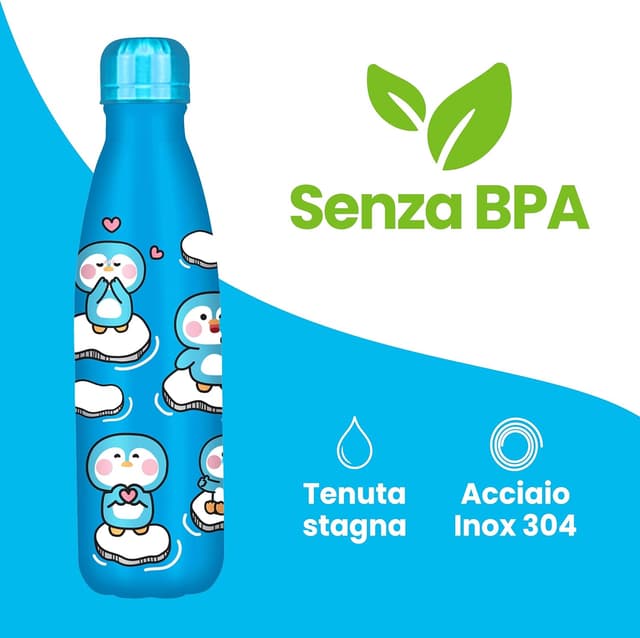 Detalle 2 de Cartomania Borraccia termica chill & refill 500 ml pinguino azzurro, acciaio BPA free