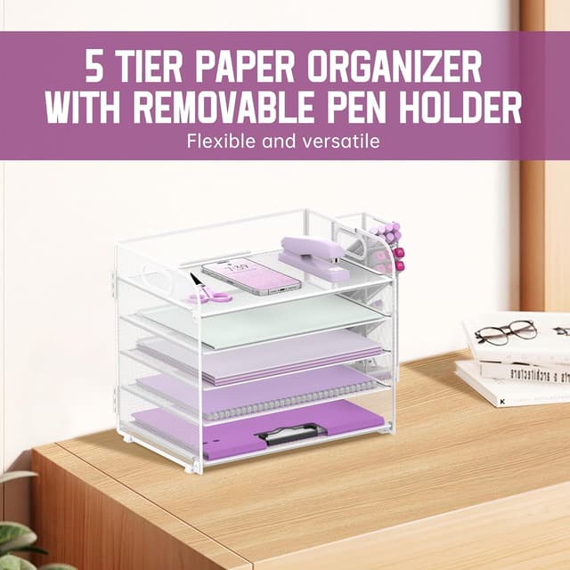 Detalle de SUPEASY 5-stufiger Schreibtisch-Organizer mit Griff und abnehmbarem Stifthalter (weiß)