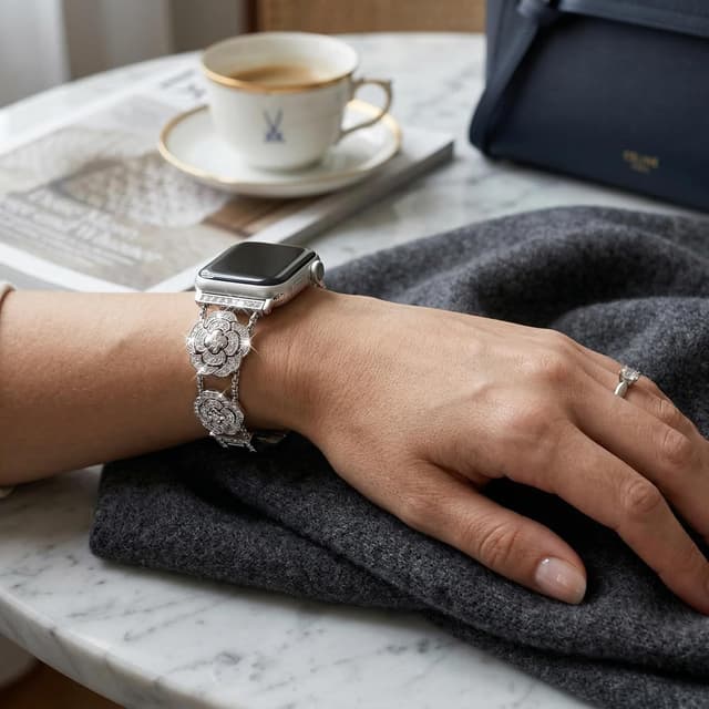 Detalle 1 de Fullife bling metal strap for Apple Watch (38–46mm) – 316L stainless steel camellia design