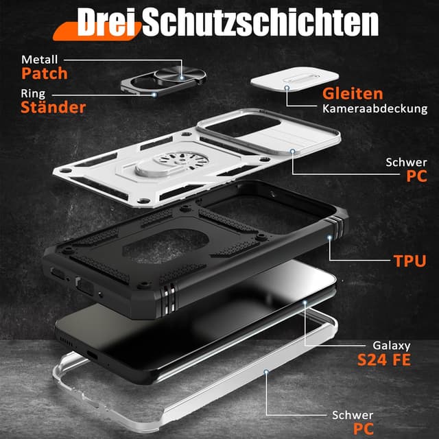 Detalle de Giyer Panzerhülle für Samsung Galaxy S24 FE (5G) mit Kameraschutz, 360° Metallring-Ständer und Schutzfolie