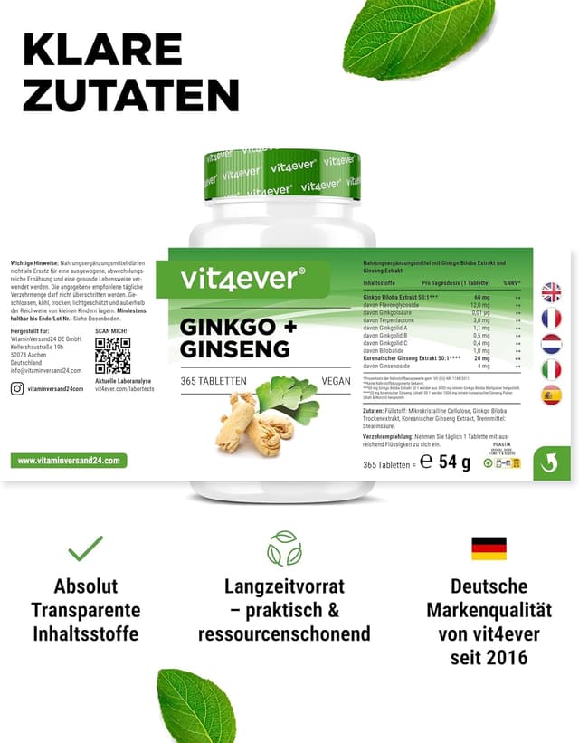 Detalle 1 de vit4ever Ginkgo + Ginseng - 365 Tabletten - Spezial Extrakt - Hochdosiert - Laborgeprüft - Ginkgo Biloba + Koreanischer Ginseng - Premium Qualität - Vegan
vit4ever Ginkgo + Ginseng - 365 Tabletten - Spezial Ex…