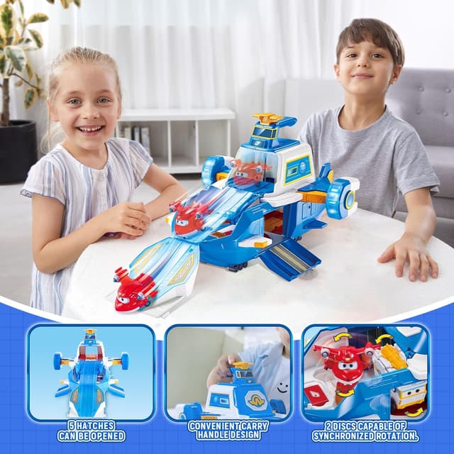 Detalle de Super Wings Airport World Playset mit 2 Spielzeug-Flugzeugen und transformierbaren Transform-a-Bots-Robotern (ab 3 Jahren)