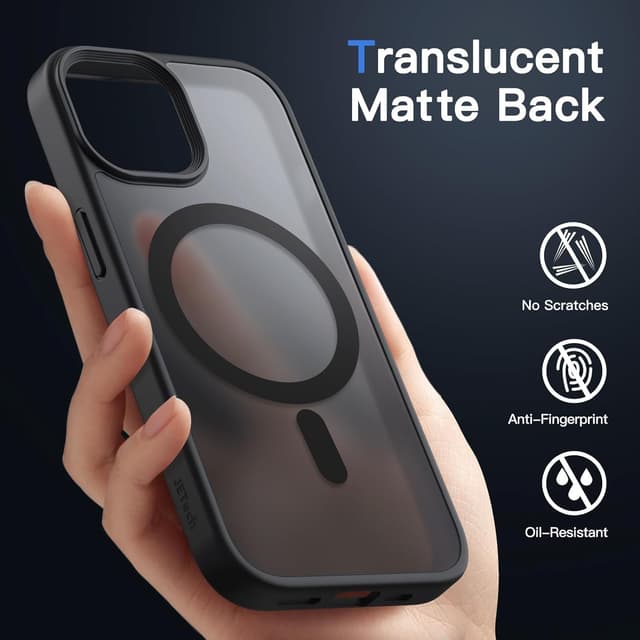 Detalle 2 de JETech Cover magnetica per iPhone 15 6,1" compatibile con MagSafe, traslucida opaca posteriore sottile antiurto (nero)